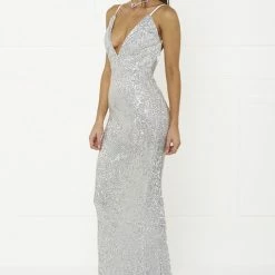 NEW ARRIVALS Honey Couture ROSALIE Silver Low Back Sequin Formal Gown Dress