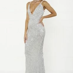 NEW ARRIVALS Honey Couture ROSALIE Silver Low Back Sequin Formal Gown Dress