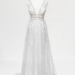 Honey Couture ENYA White & Silver Glitter Formal Gown