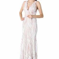 One Honey Boutique NEW ARRIVALS Honey Couture YASMIN White & Nude Sequin Formal Gown